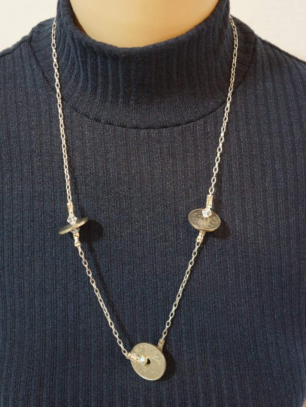 Vintage Danish 1 Krone Coin Station Necklace Silver 25" Boho Opera Length